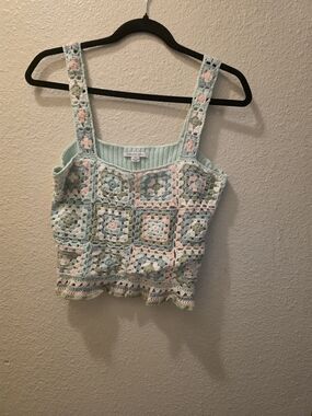 American Eagle Outfitters Crochet Crop Tank - Mint & Light Pink